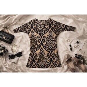 VINTAGE Y2K Vae Damask Tunic Top | Gold Black Crew Neck 3/4 Sleeve | Size S